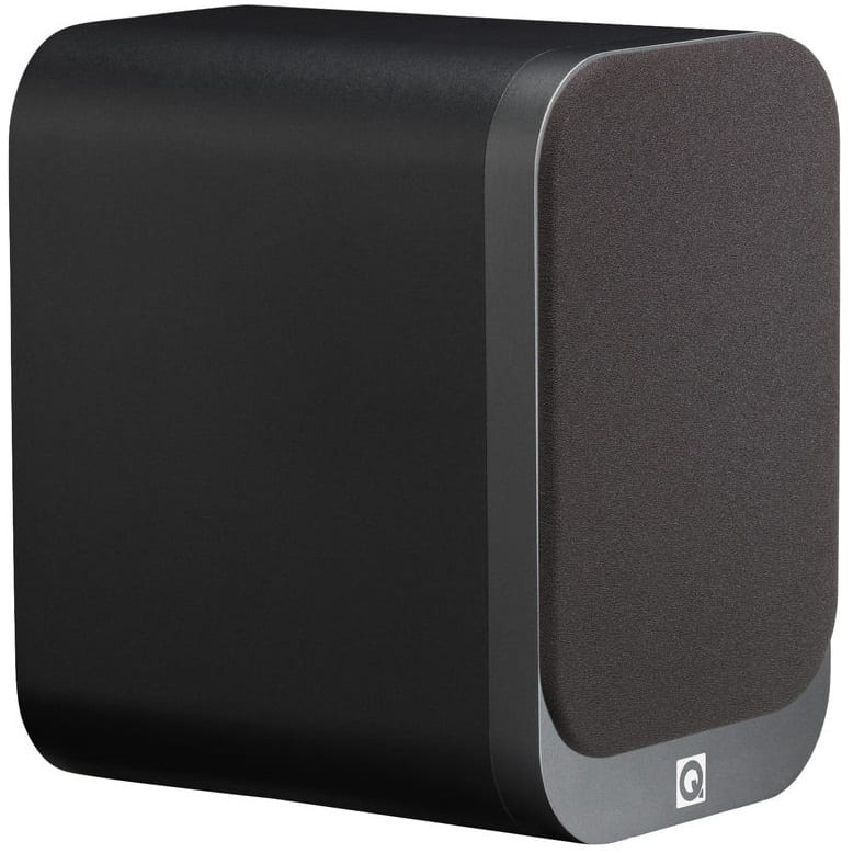 Q Acoustics 3010 grafiet zwart - zij frontaanzicht met grill - Boekenplank speaker