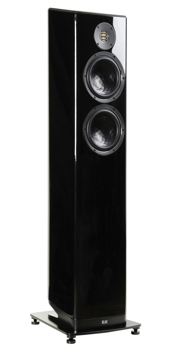 Elac Vela FS408 zwart hoogglans - zij frontaanzicht zonder grill - Zuilspeaker