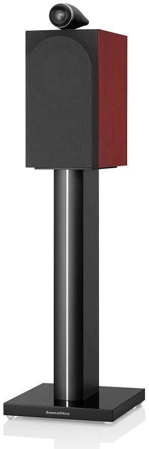 Bowers & Wilkins 705 S3 rosenut - zij frontaanzicht met grill op standaard - Boekenplank speaker