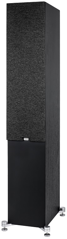 Elac Debut 3.0 DF53-BK - zij frontaanzicht met grill - Zuilspeaker