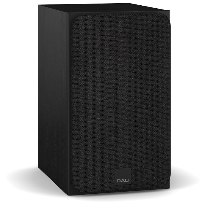 Dali Sonik 1 zwart - zij frontaanzicht met grill - Boekenplank speaker