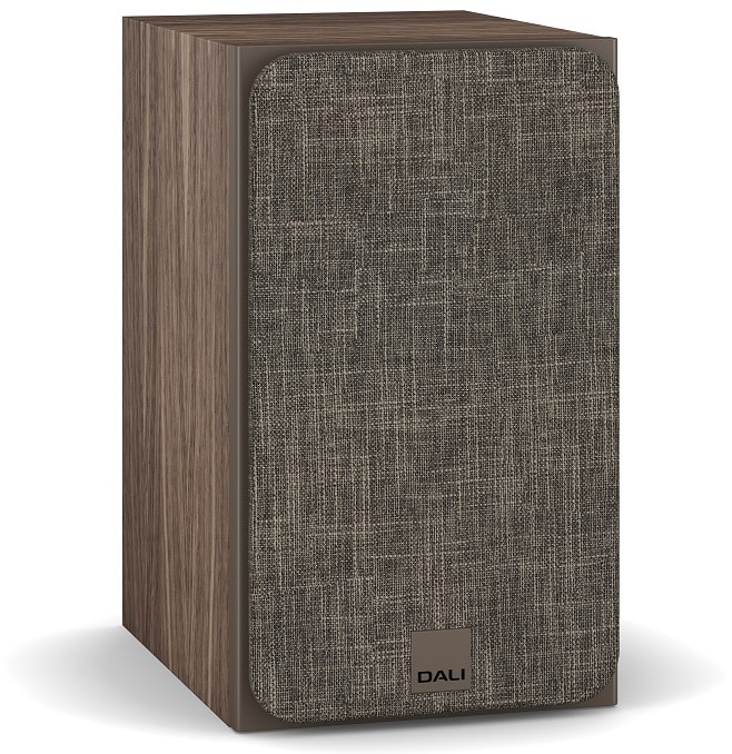 Dali Sonik 1 walnoot - zij frontaanzicht met grill - Boekenplank speaker