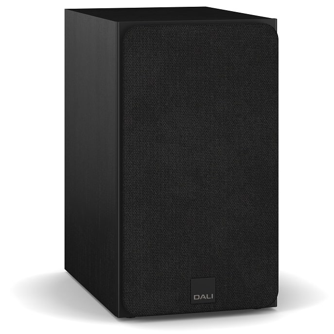 Dali Sonik 3 zwart - zij frontaanzicht met grill - Boekenplank speaker