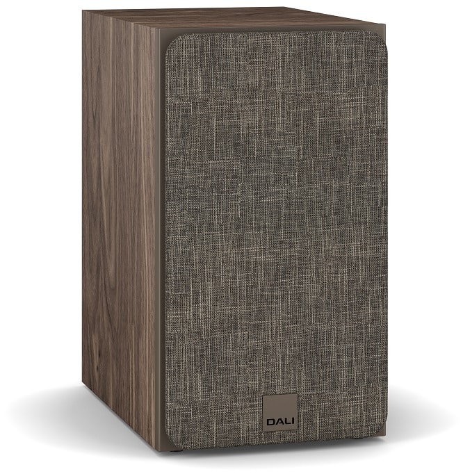 Dali Sonik 3 walnoot - zij frontaanzicht met grill - Boekenplank speaker